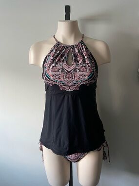 La Vie En Rose Aqua Tankini Swimsuit Set Boho Mandala Strappy Tassels Size XL